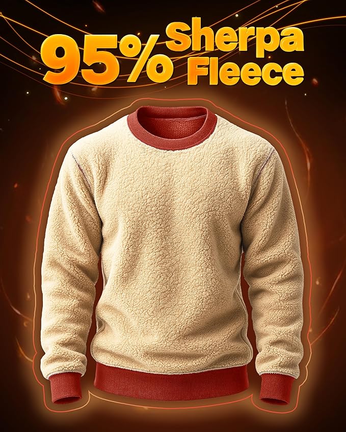 Boladeci Men's Full Sherpa Lined Crewneck Sweatshirts Heavy-weight Fleece Pullover Thick Thermal Long Sleeve Cotton