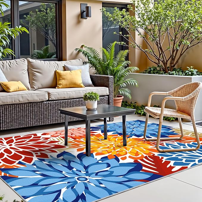 Colorful 3x5 Washable Rug for Living Room Tropical Botanical Modern Floral Chenille Area Rugs Low Pile Non Slip Carpet for Patio, Bedroom, Laundry, Vivid Dahlia