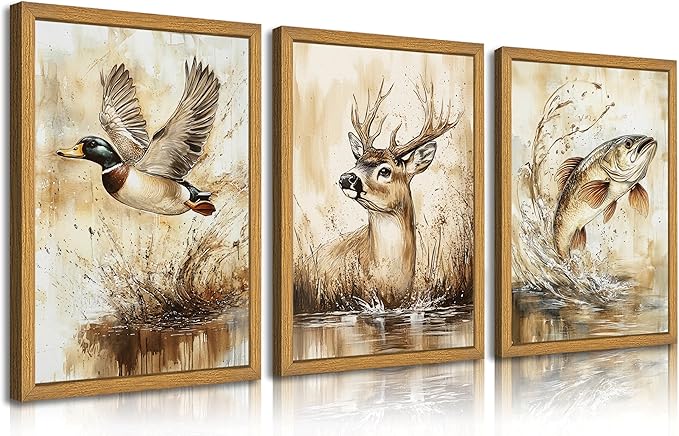 3Pcs Framed Rustic Outdoor Wildlife Canvas Wall Art,Watercolor Deer Duck And Fish Wall Decor Pictures,Vintage Farmhouse Hunting Posters Prints,for Living Room Bathroom Kitche Home Decoration
