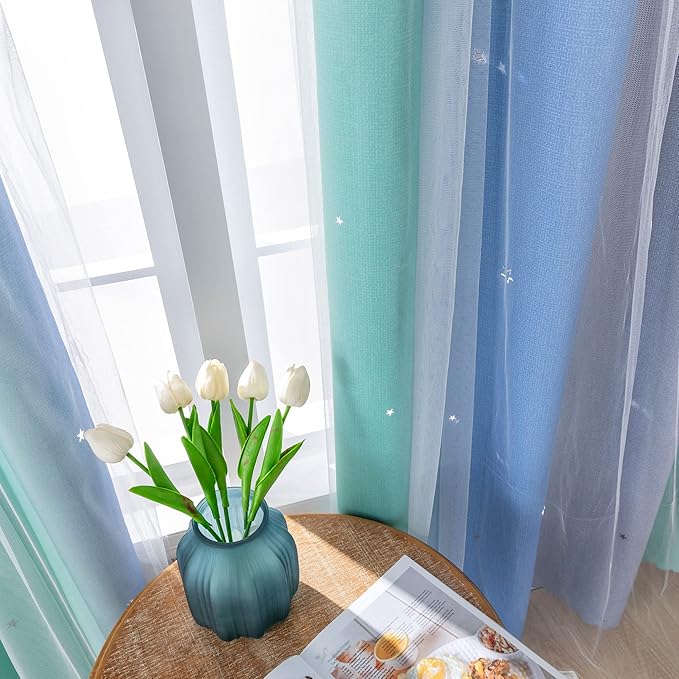 XiDi Blue Blackout Curtains for Boy Rooms Green Curtains for Bedroom Grey
