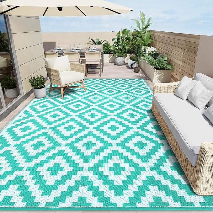 OLANLY Waterproof Outdoor Rug 10x14 ft, Outdoor Plastic Straw Rug for Camping, RV Mat Outside, Outdoor Carpet for Porch, Deck, Backyard, Balcony, Picnic, Turquoise & White