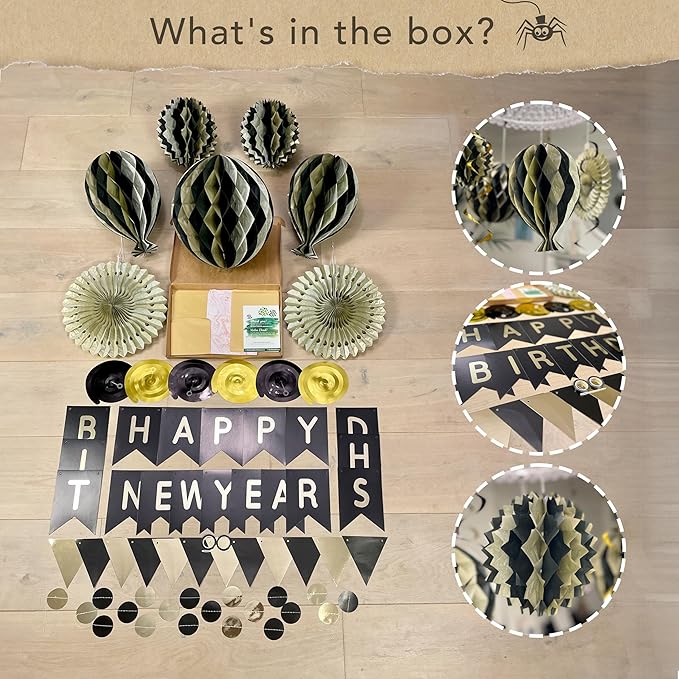 Premium Reusable New Years Decorations 2026 - Multi-occasion Happy New Year Banner also spells Happy Birthday, Fast Assembly with Velcro - NY Eve 2026 Party Supplies / Black and Gold Party Decorations