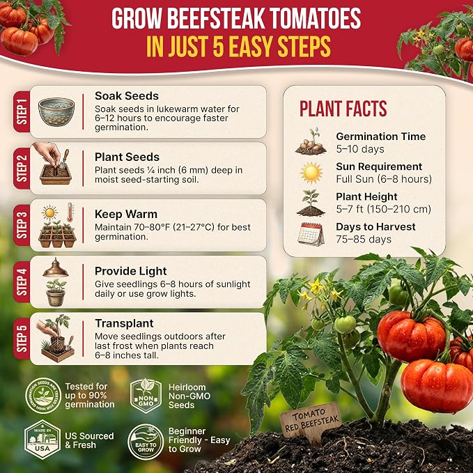 Red Beefsteak Tomato Seeds Pack 0.5 G - Over 250 Non-GMO Heirloom Tomato Seeds for Planting Vegetables in Individual Seed Packet, Vegetable Seeds for Planting Home Garden Indoor & Outdoor Gardening