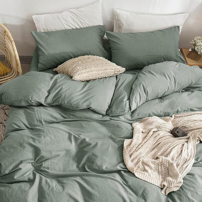 MooMee Bedding Duvet Cover Set 100% Washed Cotton Linen Like Textured Breathable Durable Soft Comfy (Heathered Green, Oversized Queen 98"x98")