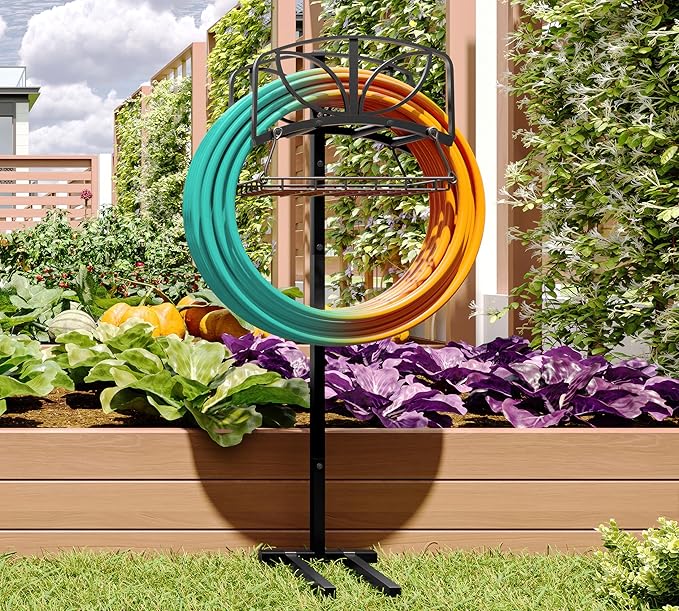 Fire Beauty Garden Hose Holder with Storage Basket,Heavy-Duty,80+ lb Capacity,Rust-Proof Stainless Steel,Organizes 150ft Hose for Patio&Yard,Leaf Design