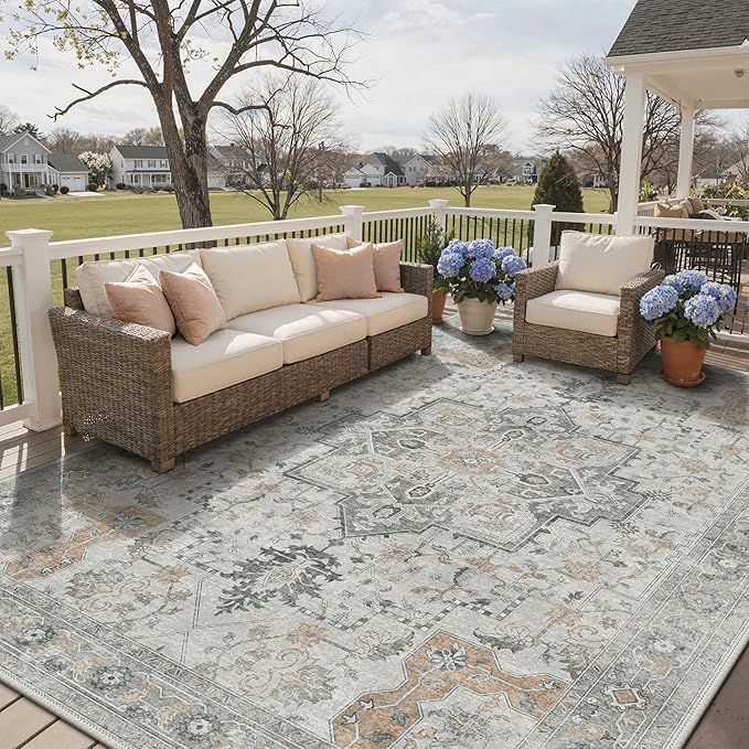 GENIMO Outdoor & Indoor Area Rug 10'x14', Waterproof, Non-Shedding, Easy Cleaning, Boho Mat for Patio, Living Room, Balcony, Dining Room, RV, Deck, Bedroom, Camping, Outside Carpet,Light Grey Brown