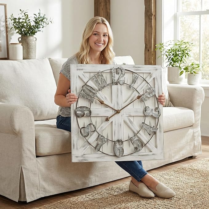 EMAX HOME Large Farmhouse Wall Clock – 24 Inch White Square Rustic Wooden Clock