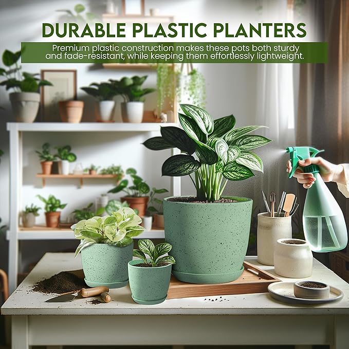 Utopia Home - Spotty Plant Pots Indoor with Drainage - 7/6.6/6/5.3/4.8 Inches Flower Pots - 5 Pack Plastic Planters - Ideal for Stocking Stuffers - (Speckled Mint, Pack of 5)