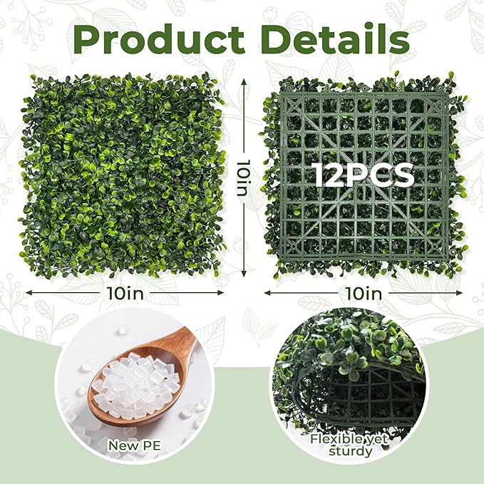 Artificial Grass Wall Panel Screen: 10"x10" 12P UV-Anti Faux Boxwood Panels