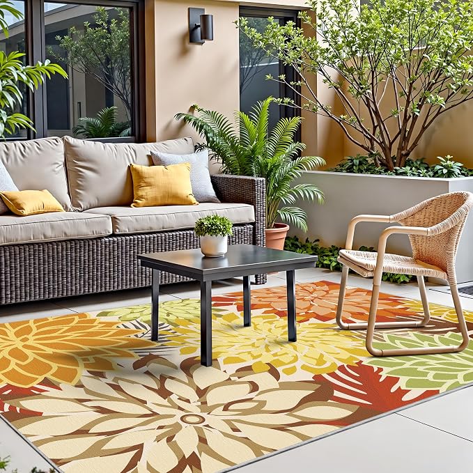 Colorful 6x9 Outdoor Area Rug Washable Multicolored Patio Rug Tropical Botanical Floral Chenille Waterproof Outdoor Carpet Non-Slip for Patio, Deck, Backyard, Porch, Orange