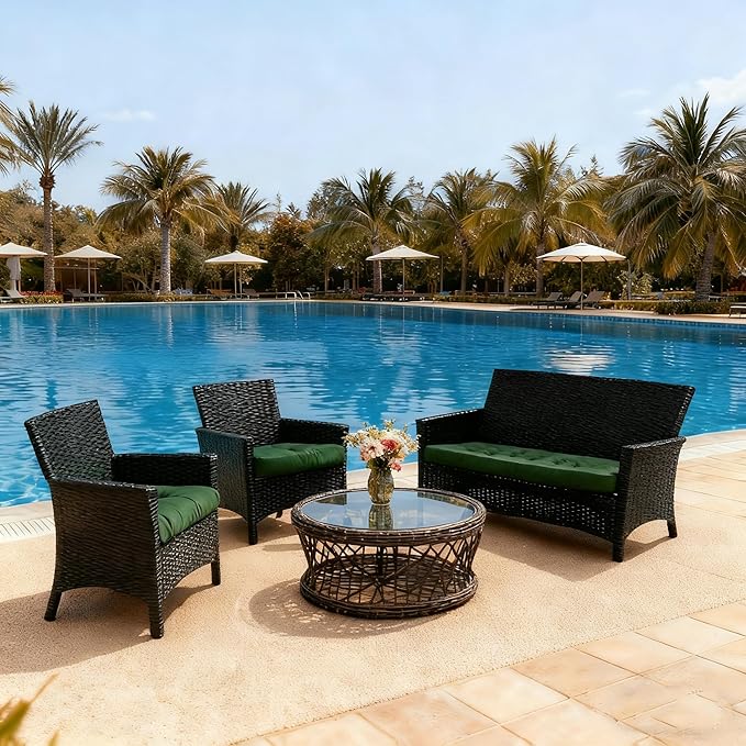 Wicker Chair Cushions Set of 3, Waterproof Outdoor Cushions Set for Patio Furniture, 1 Loveseat & 2 Seat Pads, Thick Outdoor Replacement Cushions for Porch Lawn Bench Couch Sofa, Emerald