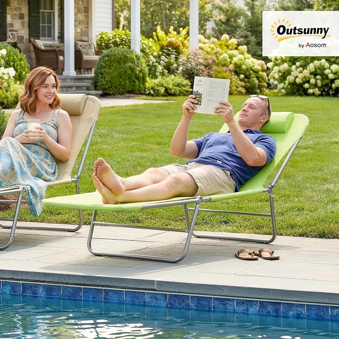 Outsunny Folding Chaise Lounge Pool Chairs, Outdoor Sun Tanning Chairs with Pillow, Reclining Back, Steel Frame & Breathable Mesh for Beach, Yard, Patio, Green