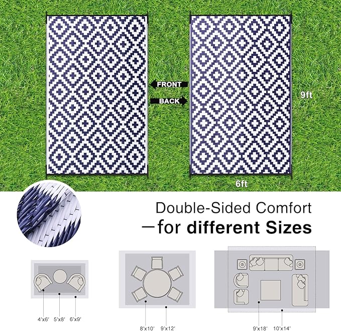 OLANLY Waterproof Outdoor Rug 6x9 ft, Outdoor Plastic Straw Rug for Camping, RV Mat Outside, Indoor Outdoor Carpet for Porch, Deck, Backyard, Balcony, Picnic, Navy & White