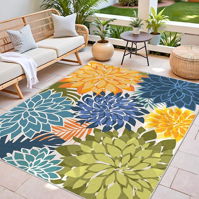 Colorful 6x9 Outdoor Area Rug Washable Multicolored Patio Rug Tropical Botanical Floral Chenille Waterproof Outdoor Carpet Non-Slip for Patio, Deck, Backyard, Porch, Green