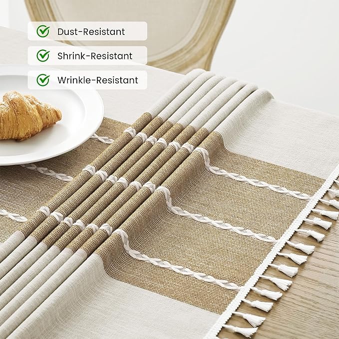 puredown® Rustic Rectangle Tablecloth, Waterproof Cotton Linen Tablecloth with Tassel, Wrinkle Free Farmhouse Table Cloths for Kitchen Dining Outdoor, 55"x86",6-8 Seats, Coffee