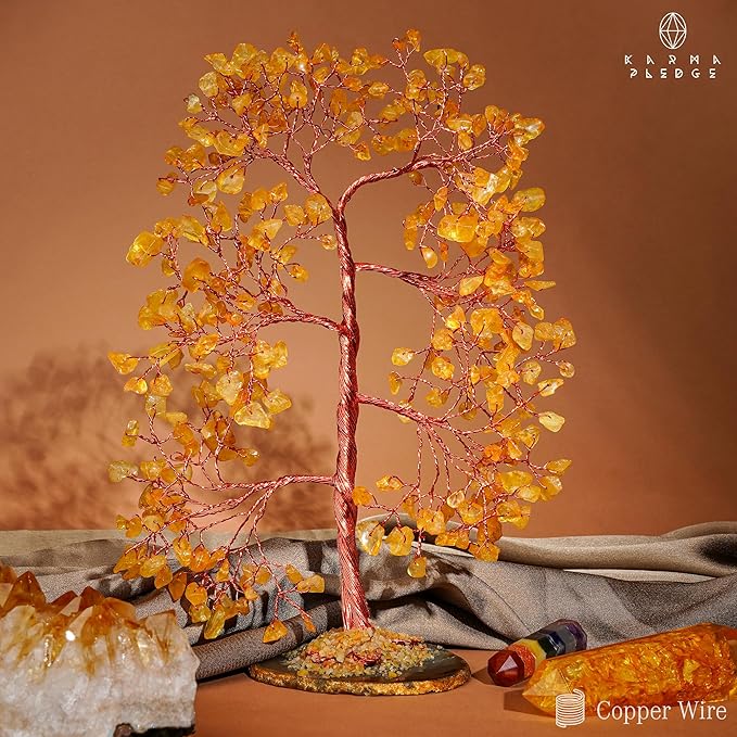 KARMAPLEDGE Citrine Crystal Tree of Life, Healing Crystals and Stones Tree for Home and Office Desk Decoration, Positive Energy, Money, Good Luck, Handmade Feng Shui Spiritual Gifts for Women