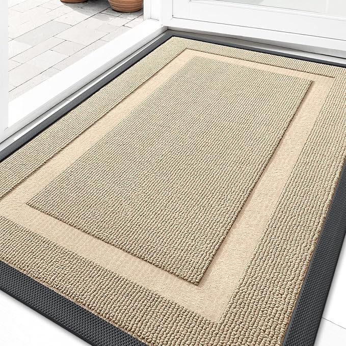 OLANLY Front Door Mat Indoor Outdoor Entrance, Waterproof All-Season, All-Weather Doormat, Sturdy Natural Rubber, Low Profile, Easy Clean Patio Porch Entryway Mat, 47x23, Off-White