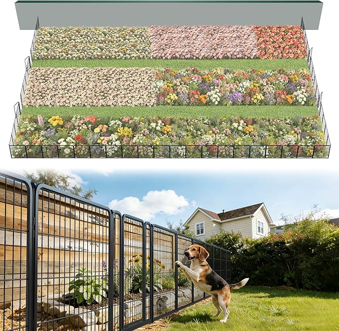 FXW Garden Fence Outdoor for the Yard – 32in(H) x 109.4ft(L) Heavy Duty Metal Animal Barrier for Dog, No Dig Decorative Dog Fence, 48 Panels, Black