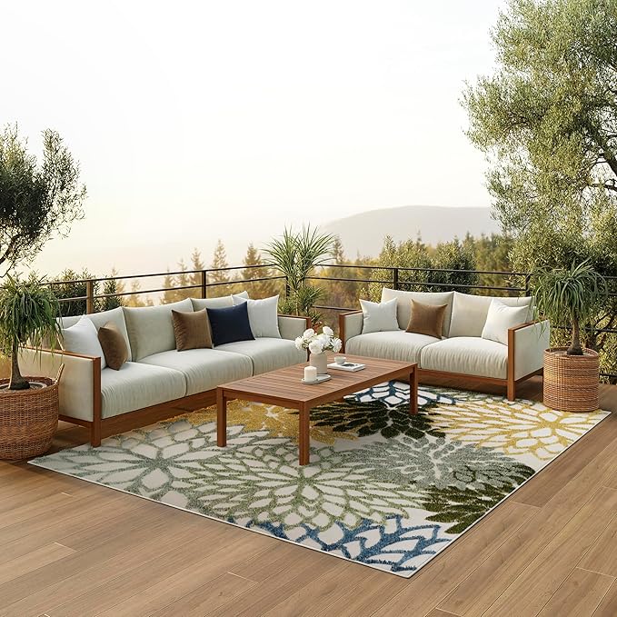 Nourison Home Aloha Indoor-Outdoor Green Multicolor 10' x 14' Area Rug, Easy Cleaning, Non Shedding, Bed Room, Living Room, Dining Room, Backyard, Patio, Deck (10x14)