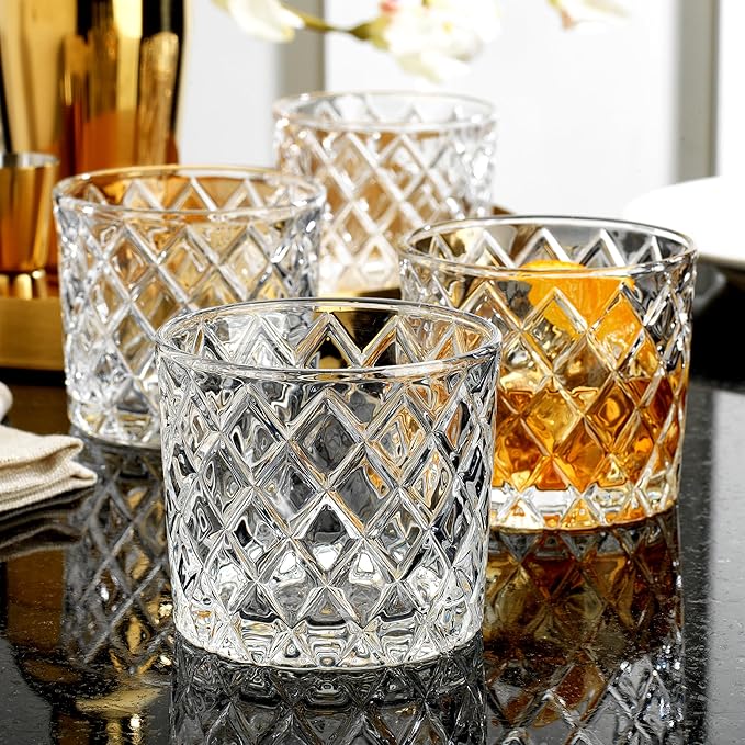 Glaver's Whiskey Glasses Set of 4. 10oz. Double Old Fashioned Glasses for Cocktail Bourbon Rock Glasses,Bar Glasses for Scotch Tequlia Rum. Diamond Cut Glasses. Gift for him
