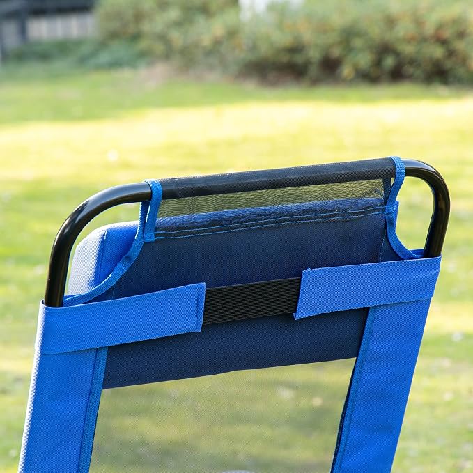 Outsunny Folding Patio Dining Chairs Set of 2, Outdoor Deck Chair with Removable Headrest, Camping Chair with Adjustable Sling Back for Garden, Backyard, Lawn, Blue
