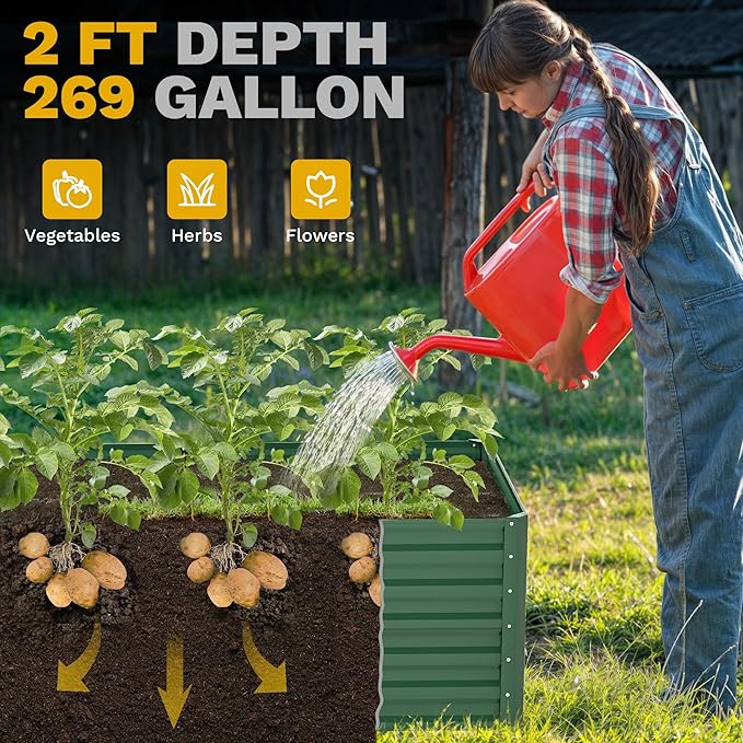 DWVO 6 x 3 x 2 FT Raised Garden Bed Kit, Outdoor Galvanized Flower Bed with Gloves, Large Metal Planter Box for Vegetables, Flowers, Herbs, Fruits, Green