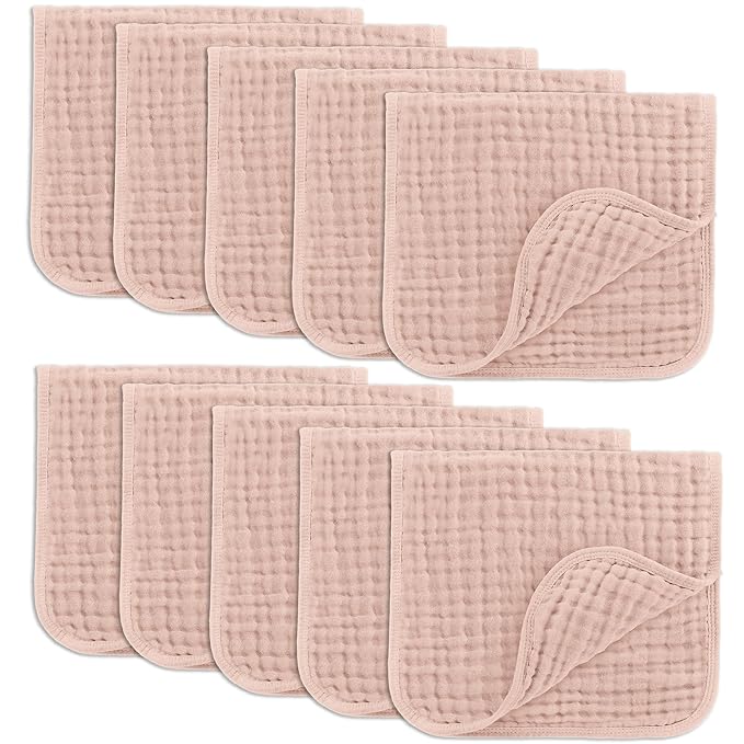 Comfy Cubs Muslin Burp Cloths 20" x 10", Pack of 10 - Large, 6-Layer, Ultra Absorbent 100% Cotton for Baby Drool and Messes - Soft, Safe & Gentle Baby Burp Cloths for Boys & Girls - Blush