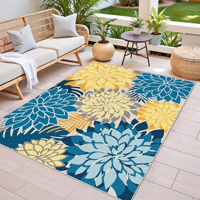 Colorful 8x10 Outdoor Area Rug Washable Multicolored Patio Rug Tropical Botanical Floral Chenille Waterproof Outdoor Carpet Non-Slip for Deck, Backyard, Porch, Ocean Dahlia