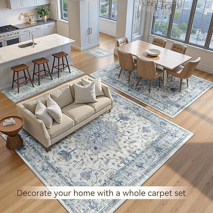 Area Rugs 7'x9' Washable Non-Slip, Floral Vintage Distress Print Pattern Medallion Carpet for Living Room Bedroom Dining Room, Light Blue Navy Beige Gray White