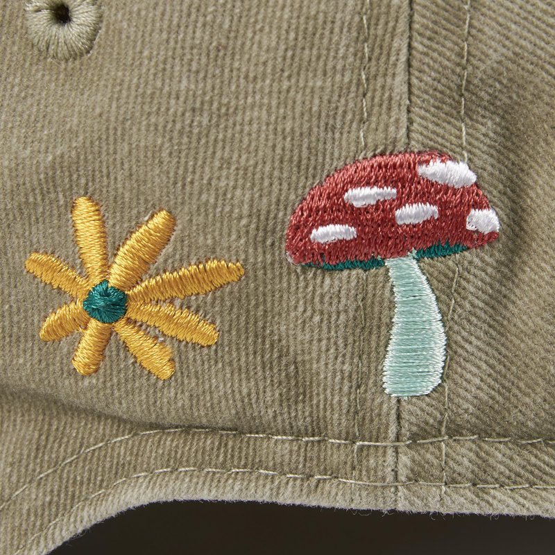 Primitives by Kathy Baseball Cap, Mushrooms Full Color Design, Stonewashed Khaki, Adjustable fit Metal Buckle