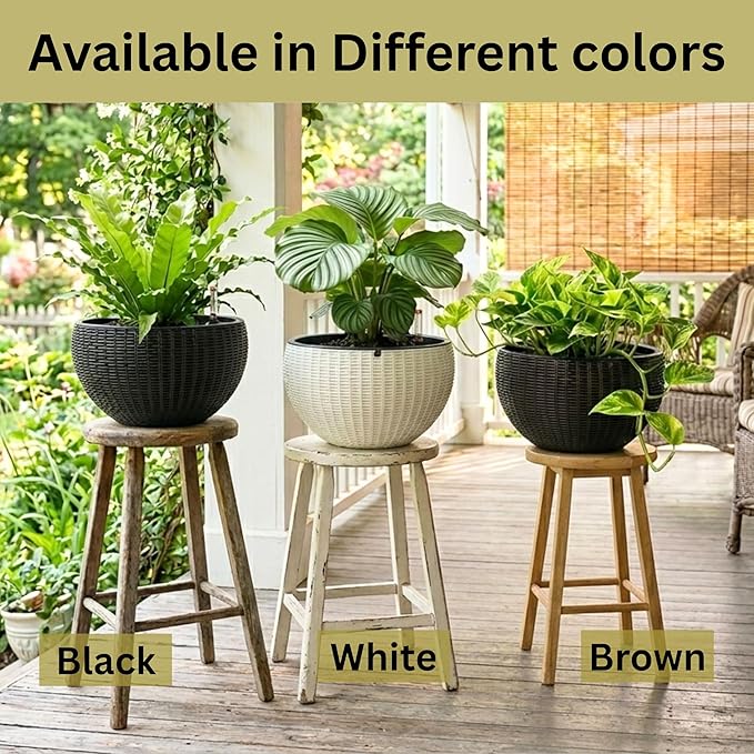 LaLaGreen Indoor Hanging Planter (11 Inch, 1 Pack) Self-Watering Round Basket with Water Level Indicator, Rattan Style Flower Pot Black Metal Chain for Deck Porch Patio Garden Balcony Outdoor Decor