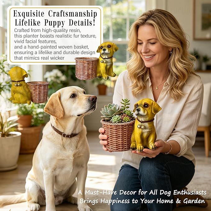 6.73” Cute Puppy Desk Planter-Small Resin Dog Succulent Planter for Desk Tabletop Office Decor-Indoor Plant Pot Animal Shaped Pot for Home Patio-Perfect Dog Lover Gift for Dog Owner Office Home