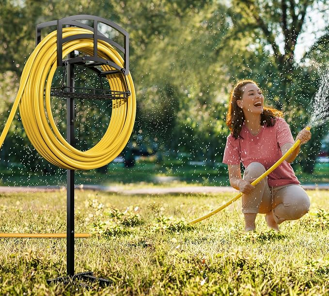 Fire Beauty Garden Hose Holder with Storage Basket,Heavy-Duty,80+ lb Capacity,Rust-Proof Stainless Steel,Organizes 150ft Hose for Patio,Yard, or Garage