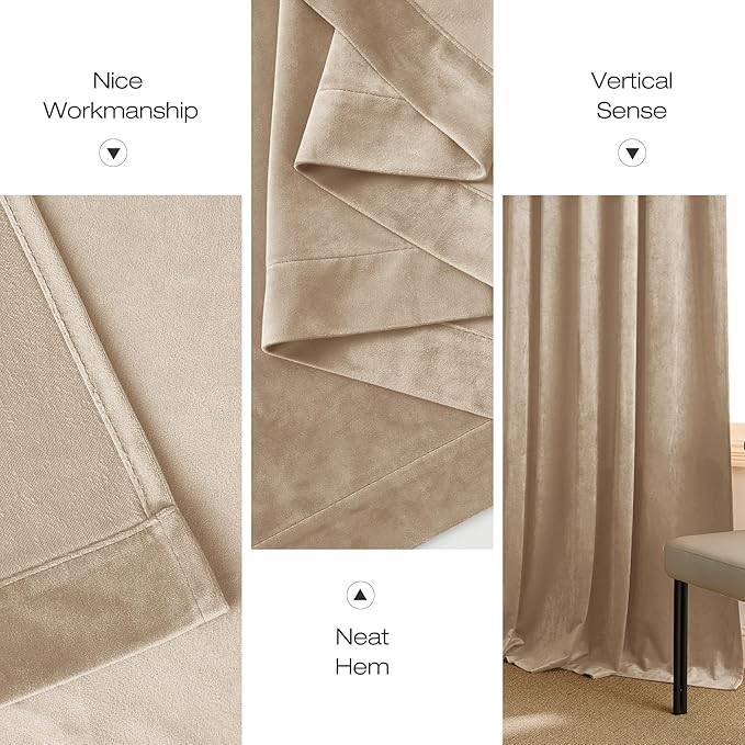 NICETOWN Beige Velvet Room Darkening Curtains, Home Decor Light Blocking