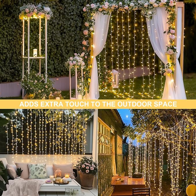 JMEXSUSS 300 LED Remote Control Curtain Lights, Plug in Fairy Curtain Lights Outdoor, Window Wall Hanging String Lights for Bedroom Backdrop Wedding Party Indoor Christmas Patio Dorm Decor, Warm White