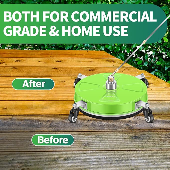 15“ Pressure Washer Surface Cleaner with 4 Wheels - Coated Green Stainless Steel Surface Cleaner for Pressure Washer Attachment for Concrete, Driveway, Patio, Sidewalk, Deck and Driveways - PWS15G