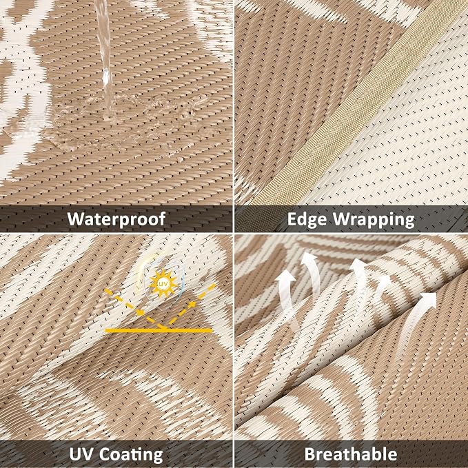 Pauwer Waterproof Outdoor Rug 6ft, Reversible Plastic Straw Patio Camping Rug, Indoor Outdoor RV Mat Carpet for Deck, Camper, Porch, Balcony, Backyard, Picnic, Leaf Brown