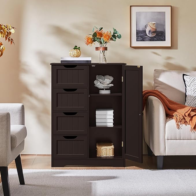 Yaheetech Large Bathroom Floor Cabinet with 4 Drawers and Single Door Cabinet, Freestanding Storage Cabinet for Living Room Kitchen Hallway, Espresso
