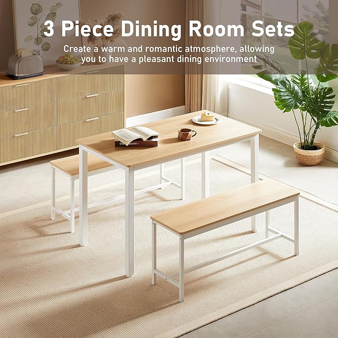 Dining Table Set for 4, Kitchen Room Table Set with 2 Benches, 3-Piece Dining Chairs Set for Breakfast Nook, Original