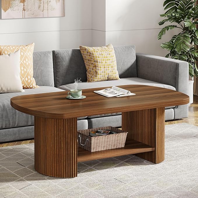 Tribesigns Oval Coffee Table, Mid-Century 2-Tier Coffee Table with Storage Shelf, Modern 45.27" Accent Center Table with Wooden Dual Base for Living Room Bedroom Apartment (Rustic Brown)