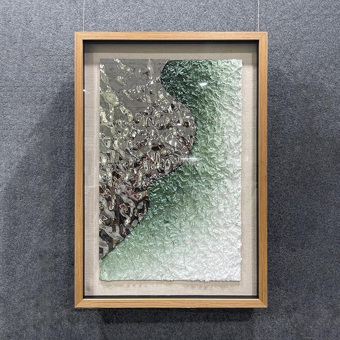 BrightA Embossed Metal Wave Wall Art - Hand-Painted Tissue Paper Gradient (Mist Green) and Silver 3D Wall Art, Contemporary Abstract Metal Sculpture for Living Room 27.5"x 39.4"