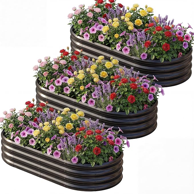 AHEONLAR 3 Pack 6×3×1ft Galvanized Raised Garden Bed, Oval Durable Planter Boxes Outdoor for Vegetables, Fruits, Flowers and Plants, Quick Assembly, Black