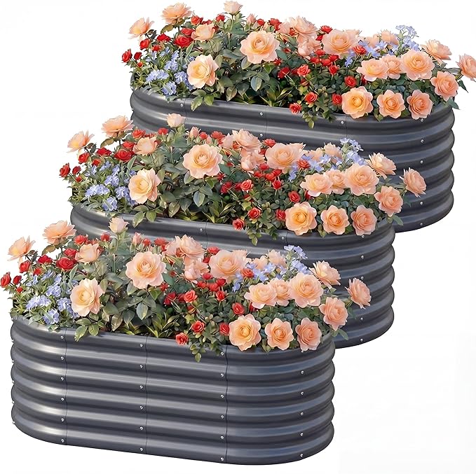 AHEONLAR 3 Pack 4×2×1.5ft Galvanized Raised Garden Bed Outdoor, Sturdy Planter Boxes for Vegetables, Fruits, Flowers and Plants, Easy Assembly, Grey