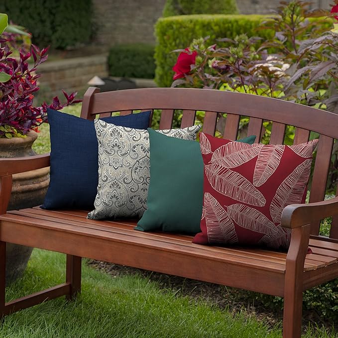 Arden Outdoor Throw Pillows 2 Pack, 16x16 Patio Accent Cushions, Water & UV Resistant, Fade Resistant Outdoor Decorative Pillows with Recycled Polyfiber Fill, Red Leaf Palm