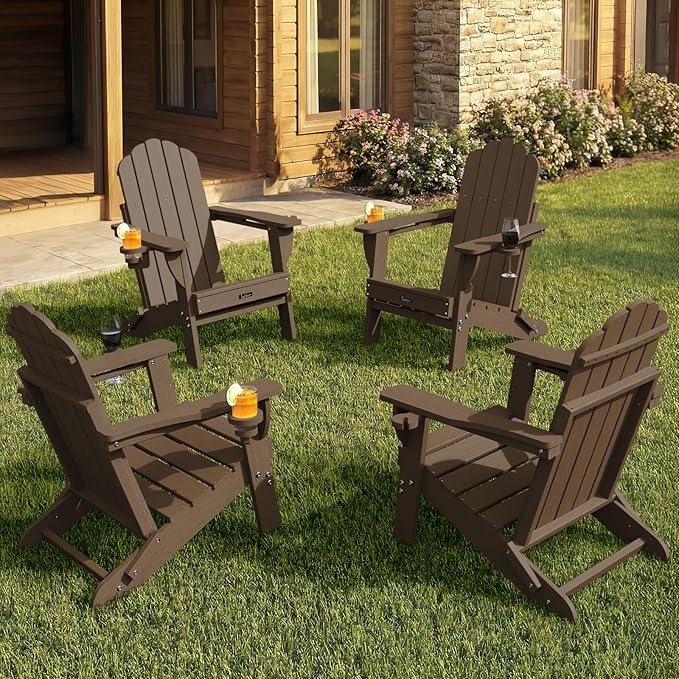 Adirondack Chairs Set of 4, Foldable Adirondack Chairs with 2 Cup Holder, Wood Texture HDPE Fire Pit Chairs, Outdoor Lawn Chair for Patio Garden, Brown