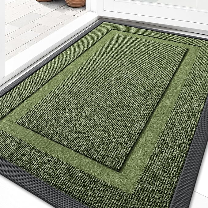OLANLY Front Door Mat Indoor Outdoor Entrance, Waterproof All-Season, All-Weather Doormat, Sturdy Natural Rubber, Low Profile, Easy Clean Patio Porch Entryway Mat, 47x23, Classic Green