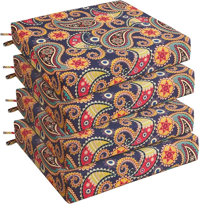 UNIKOME Outdoor Chair Cushions Pack of 4, Water Resistant Patio Cushions with Ties, High Density Sponge Filling Square Corner Seat Cushions for Outdoor Furniture, 18.5"*16"*3", Palmira Paisley