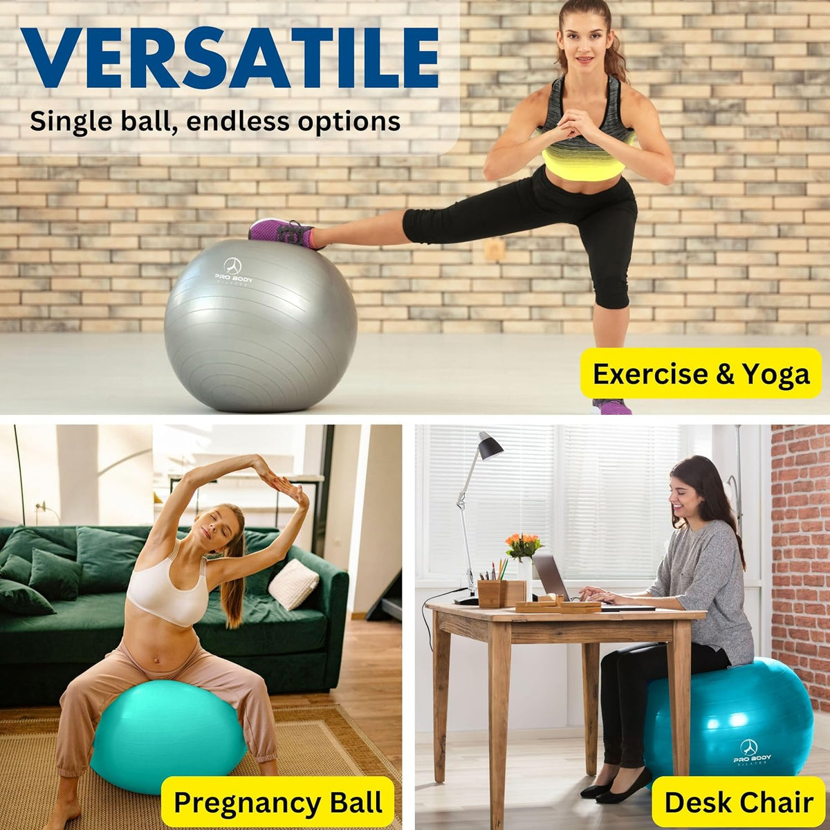 ProBody Pilates Yoga Ball - Stability Exercise Ball for Pregnancy, Workout & Physical Therapy | Various Sizes