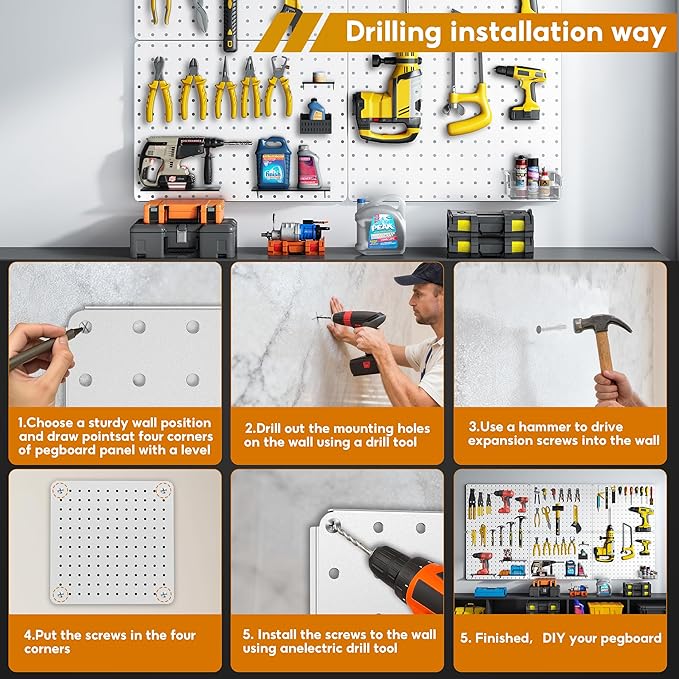 Peg Board, 6 Pack White Peg Board Panels, 50lbs Load Capacity Each, Pegboard