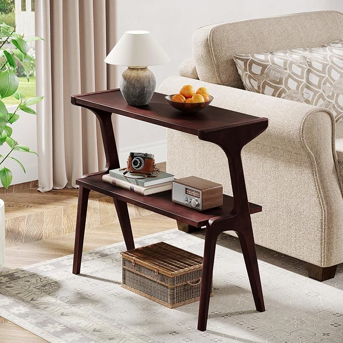 Tribesigns Solid Wood Side Table, 2-Tier Narrow Tall End Table with Storage Shelves, Slim Side Table for Couch, Long Bedside Table for Bedroom, Living Room, Burgundy